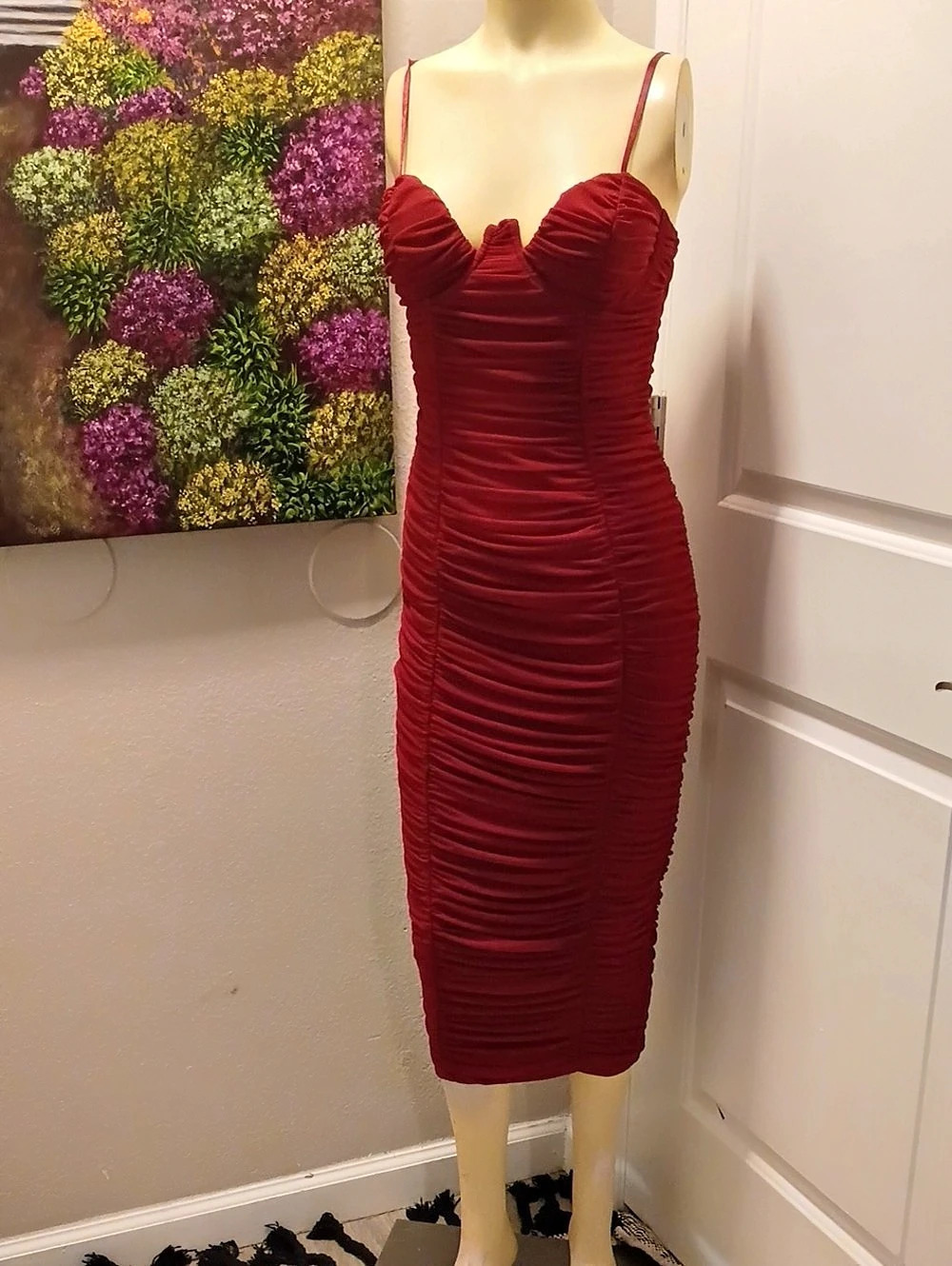 Fashion Nova Ruched Midi Dress in Red Size Medium Like New
